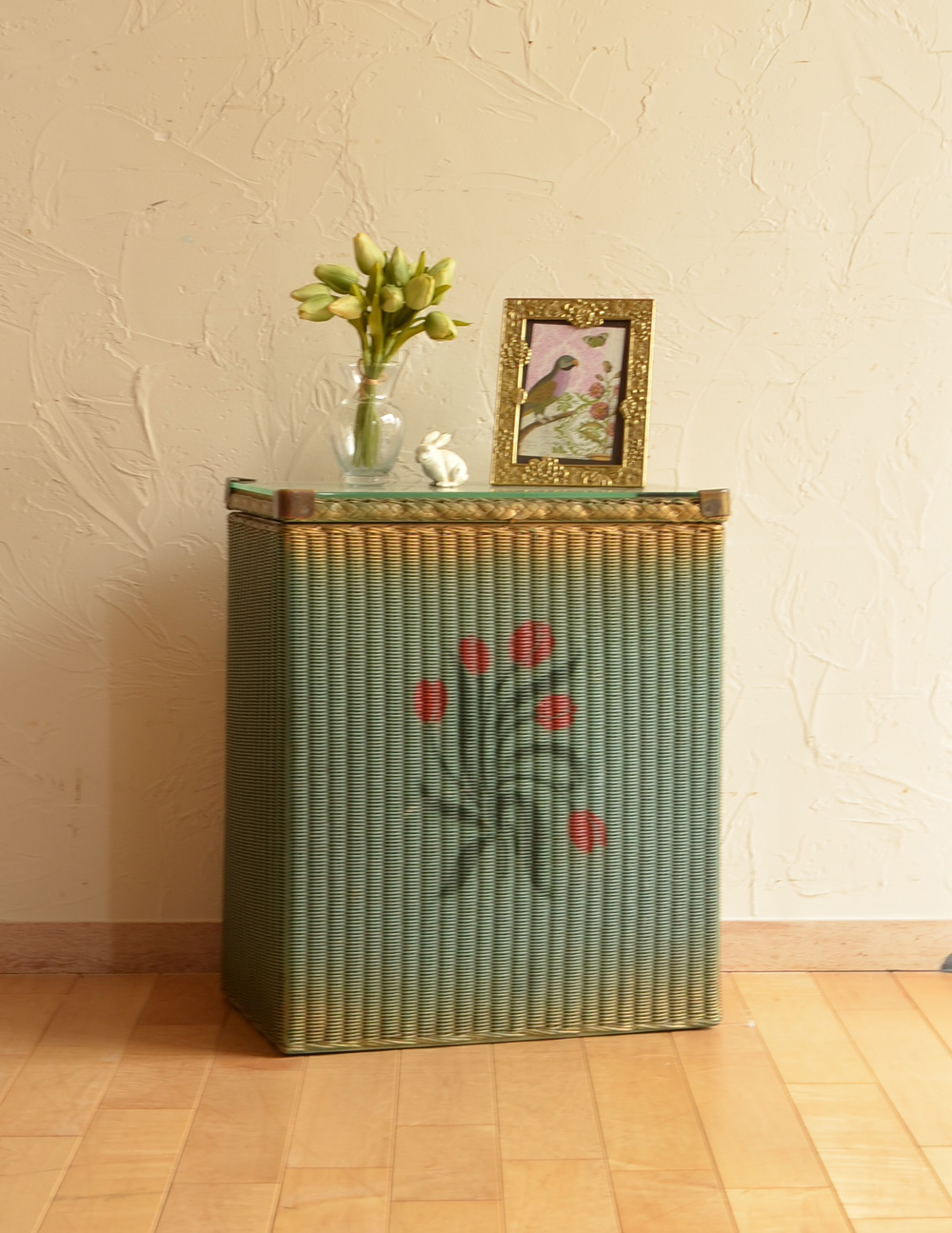 イギリスのアンティーク家具、チューリップが可愛いロイドルームランドリーボックス（グリーン） (k-1183-f)