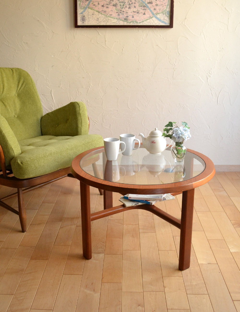 ビンテージのおしゃれな北欧家具、ガラス天板のコーヒーテーブル（Gプラン）(k1234f)｜アンティーク家具