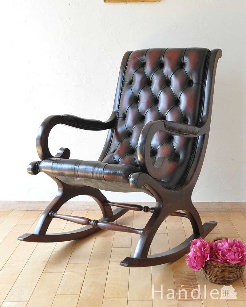 英国輸入のアンティーク椅子、ゆったりとした極上の掛け心地・・・革張りのロッキングチェア (k-1335-c)