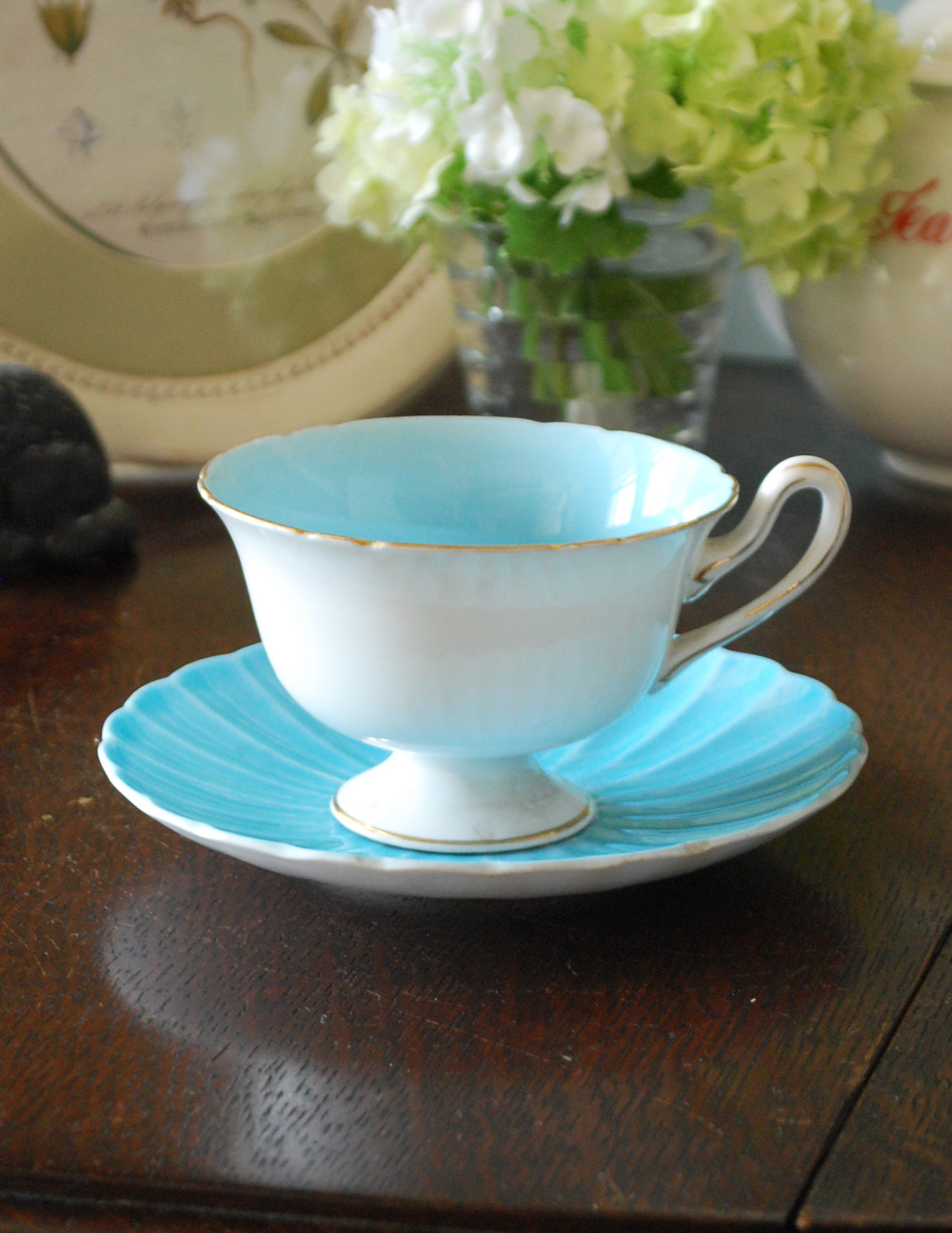 Shelley社のアンティーク食器、ボーンチャイナのカップ＆ソーサー（ブルー） (k-1676-z)