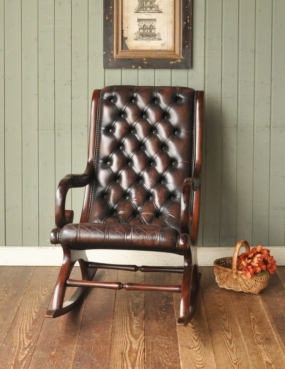 英国から届いたアンティークソファ、革張りのロッキングチェア(k-871-c)｜アンティークチェア・椅子