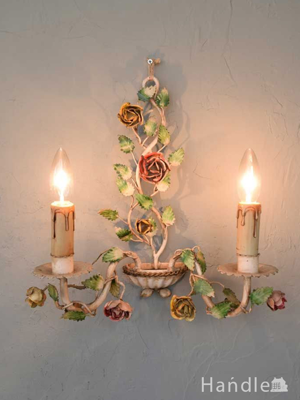 フランスのアンティーク照明、バラが咲いた壁付けのフラワーランプ（Ｅ17シャンデリア球付） (m-5957-z)