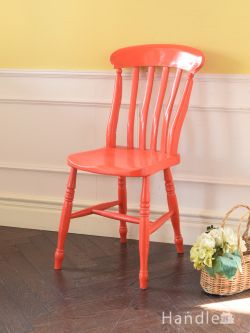 アンティークチェア・椅子 ダイニングチェア　アンティーク 英国アンティークの木製椅子、元気が出るオレンジ色がおしゃれなキッチンチェア