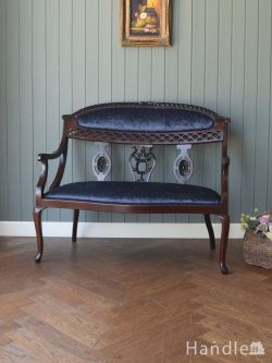 英国アンティークの美しい長椅子、マホガニー材のおしゃれなセティ