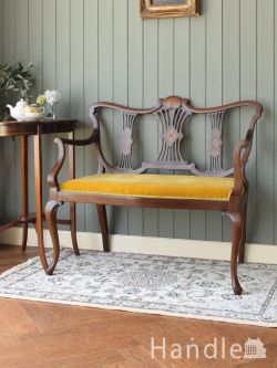 アンティークチェア・椅子 アンティークベンチ・セティ 英国から届いたアンティークの椅子、透かし彫りと象嵌が美しい長椅子セティ