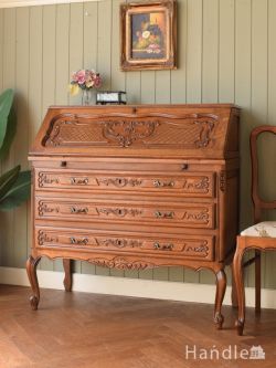 アンティーク家具 ビューロー フランスアンティークのおしゃれなデスク、彫が美しいオーク材のビューロー（書斎机）