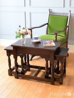 アンティーク家具  英国アンティークのコーヒーテーブル、3台が1台になったオーク材のネストテーブル