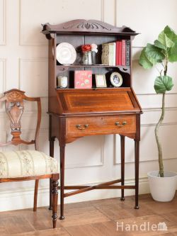アンティーク家具 ビューロー 英国のアンティーク書斎机、飾り棚とデスクが付いた気品溢れるビューローブックケース