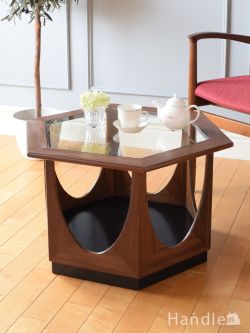 アンティーク家具 アンティークのテーブル ヴィンテージのおしゃれな六角形テーブル、ガラス天板のG-planコーヒーテーブル