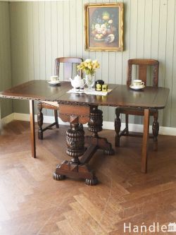 英国アンティークのおしゃれなテーブル、バルボスレッグが美しいドロップリーフテーブル