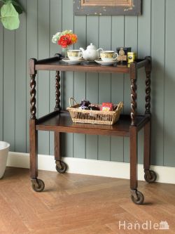 アンティーク家具  英国のアンティークワゴン、ツイスト脚のキレイなオーク材のトローリー