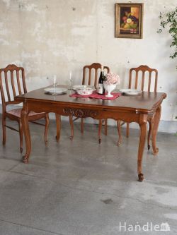 アンティーク家具 アンティークのテーブル フランスから届いたアンティークの伸長式テーブル、美しい天板のドローリーフテーブル