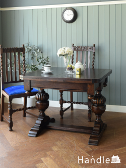 英国アンティークの伸長式ダイニングテーブル、立派なバルボスレッグのドローリーフテーブル