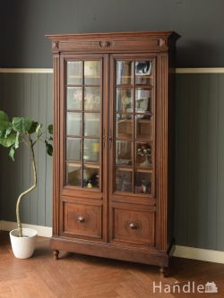 フランスから届いたアンティークガラスのキャビネット、浮き彫りがおしゃれなオーク材のブックケース(x-1784-f)