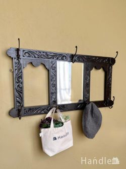 アンティーク家具 アンティークのウォールハンガー 浮彫が美しい英国アンティークのフックボード、オーク材のミラー付き壁付けウォールフック