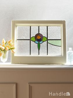 アンティーク雑貨 ステンドグラス アンティーク 英国アンティークのステンドグラス、大人のパープル色の薔薇がキレイなステンドグラス