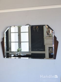 アンティーク雑貨 アンティークミラー・鏡 英国アンティークの鏡、木の装飾の付いたアールデコデザインのカッティングミラー