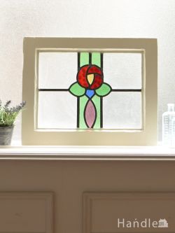 アンティーク雑貨 ステンドグラス アンティーク アンティークのステンドグラス、真っ赤な薔薇の可愛いステンドグラス
