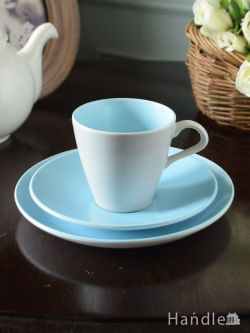 アンティーク雑貨 アンティーク食器 イギリスのアンティーク食器、プール・ポタリーのTwintone(Ice Green )のトリオ