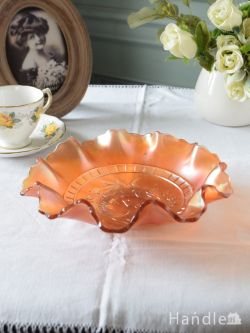 アンティーク雑貨 アンティーク食器 アンティークのおしゃれなガラスの器、チューリップ模様が可愛い幻想的なオレンジ色のコンポート