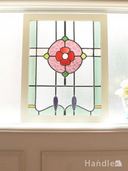 アンティーク雑貨 ステンドグラス アンティーク 英国アンティークのステンドグラス、お花模様の華やかなステンドグラス