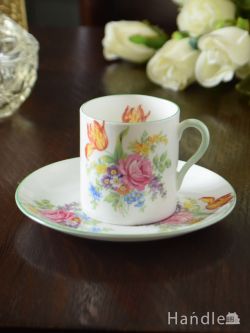 アンティーク雑貨 アンティーク食器 シェリー窯のアンティークカップ＆ソーサー、お花模様のデミタスカップ