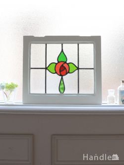 アンティーク雑貨 ステンドグラス アンティーク 真っ赤な薔薇×グリーンの雫の美しいアンティークステンドグラス