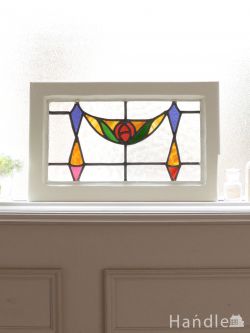 アンティーク雑貨 ステンドグラス アンティーク 英国アンティークのステンドグラス、赤いバラとリボンの模様が可愛いステンドグラス