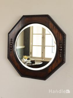アンティーク雑貨 アンティーク ミラー（鏡） 英国のおしゃれな鏡、八角形のオーク材のフレームが付いたアンティークミラー
