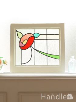 アンティーク雑貨 ステンドグラス アンティーク 英国アンティークのステンドグラス、流れるように描かれたバラのステンドグラス