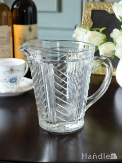 アンティーク雑貨 デカンタ・カラフェ アンティーク イギリスのアンティークガラスピッチャー、使いやすいプレスドグラスのウォータージャグ