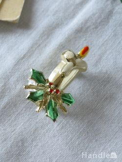 アンティーク雑貨 アンティークブローチ クリスマスのおしゃれなビンテージアクセサリー、ヒイラギ×キャンドルのブローチ