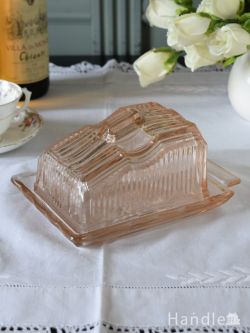 アンティーク雑貨 アンティーク食器 アンティークガラスの食器、赤色のガラスがキレイなプレスドグラスのバターディッシュ