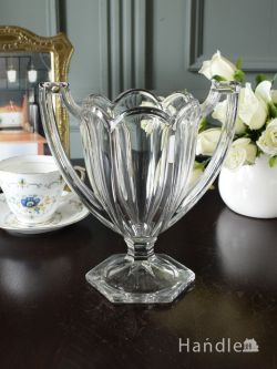 アンティーク雑貨 フラワーベース・花瓶アンティーク アンティークのガラス食器、両サイドに持ち手が付いたセロリベース