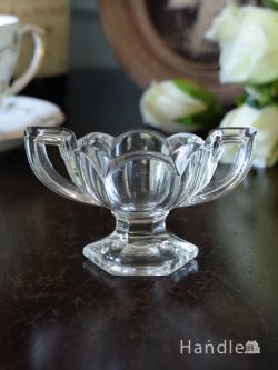 アンティーク雑貨 アンティーク食器 お花のようなデザインの持ち手付きスパイス入れ、イギリスのアンティークガラスの雑貨