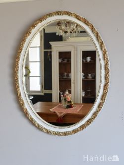 アンティーク雑貨 アンティークミラー・鏡 フランスの壁掛け鏡、白いモールディングの枠がおしゃれなアンティークのミラー