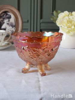 アンティーク雑貨 アンティーク食器 カーニバルガラスのおしゃれなアンティーク器、幻想的なオレンジ色の脚付きのガラスボウル