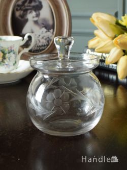 アンティーク雑貨 ジュエリーボックスアンティーク アンティークガラスの美しいシュガーポット、お花模様が入ったアンティークの砂糖入れ