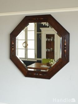 アンティーク雑貨 アンティークミラー・鏡 英国のおしゃれな鏡、八角形のオーク材のフレームが付いたアンティークミラー