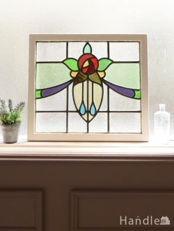 アンティーク雑貨 ステンドグラス アンティーク 英国アンティークのステンドグラス、パープルのリボン×薔薇のステンドグラス