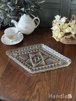 アンティーク雑貨 トレイアンティーク アンティークガラスの美しいダイヤ型プレート、アンティークのおしゃれなガラス皿