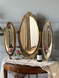 アンティーク雑貨 アンティークミラー・鏡 フランスのから届いたアンティークの三面鏡、装飾が優雅なアンティーク スタンドミラー