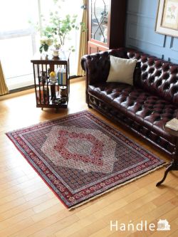 アンティーク雑貨 トライバルラグ・トルコ絨毯 スクエア型のメダリオン模様が美しい、Sanandaj（サナンダジ）のペルシャの手織りの絨毯