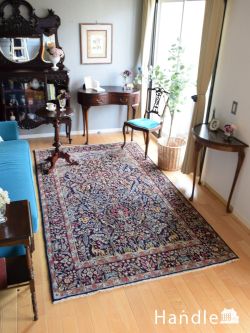 アンティーク雑貨 トライバルラグ・トルコ絨毯 お花と動物がたくさん描かれた絨毯、濃いブルーの華やかなペルシャ絨毯