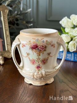 アンティーク雑貨 アンティーク花瓶 クリーム色の素地が美しい手描きの花瓶、英国クラウンデボンのアンティークフラワーベース