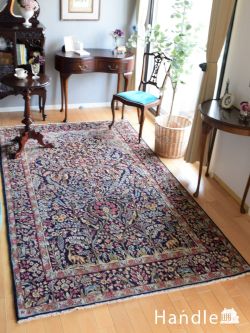 アンティーク雑貨 トライバルラグ・トルコ絨毯 深い藍色がめずらしいKashan（カシャーン）、コルクウールの美しいペルシャ絨毯