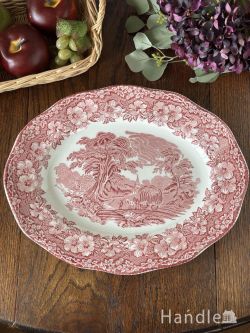 アンティーク雑貨 アンティーク食器 英国レッド＆ホワイトのアンティークオーバルプレート、 ENOCH WEDGWOOD（TUNSTALL）LTDのカントリーシーン