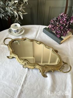 フランスから届いた英国アンティークのアクセサリートレイ、真鍮製のおしゃれなミラートレイ(m-9454-z)