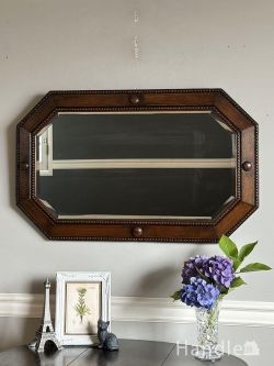 アンティーク雑貨 アンティークミラー・鏡 ビーディングの縁取りがカッコいい壁掛け鏡、英国アンティークのオーク材のウォールミラー