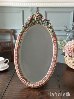 英国から届いたアンティークの卓上鏡、お花の装飾が華やかなアンティークのバーボラミラー(h-1117-z)